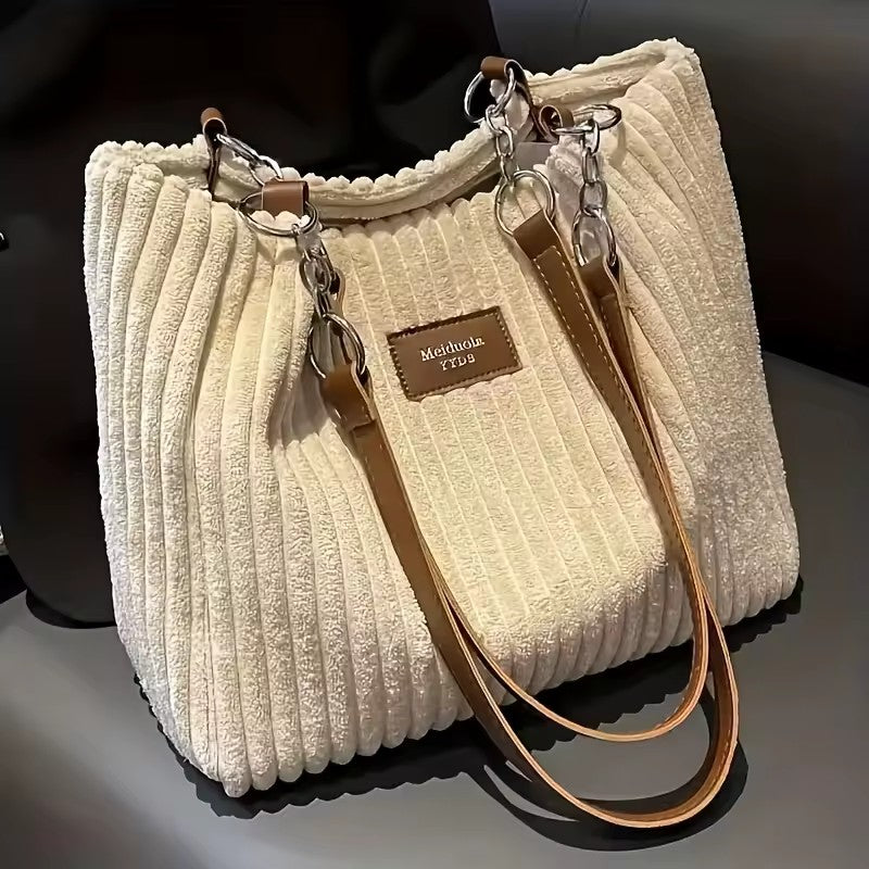 Stylish Corduroy Tote Bag for Women, Large Capacity Plush Shoulder Bag, Versatile Commuter & Travel Bag