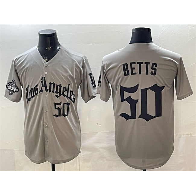 Los Angeles Dodgers #50 Mookie Betts Grey MIKSHPS LA Gothic Style With 2025 World Series Champions Patch Limited Stitched Jersey