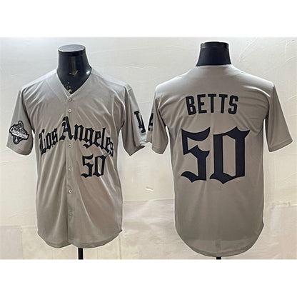 Los Angeles Dodgers #50 Mookie Betts Grey MIKSHPS LA Gothic Style With 2025 World Series Champions Patch Limited Stitched Jersey