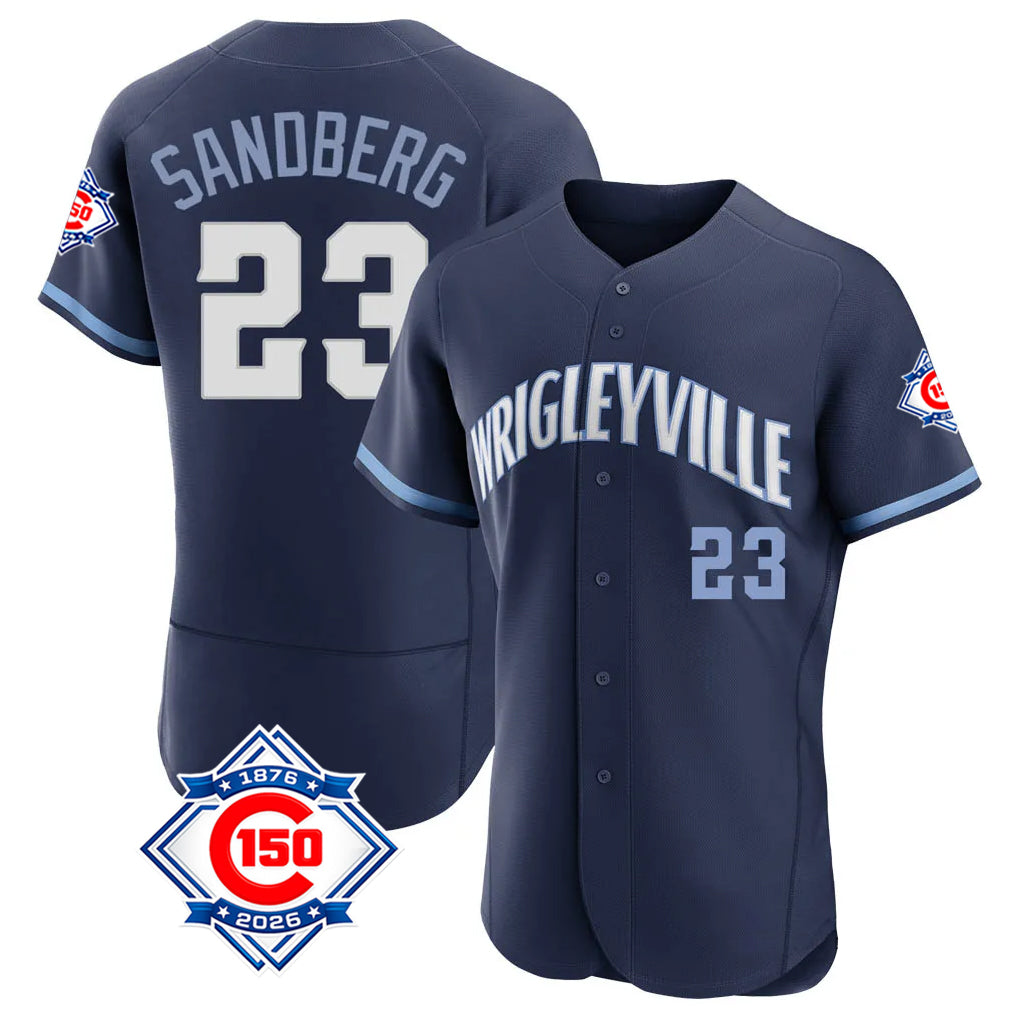 Chicago Cubs #23 Ryne Sandberg Player Navy MIKSHPS City Connect 150th Anniversary Limited Elite Home Stitched Jerseys