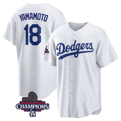 Los Angeles Dodgers #18 Yoshinobu Yamamoto White MIKSHPS 2024 World Series Champions Cool Base Stitched Jersey