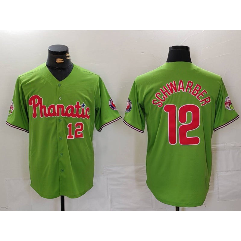 Philadelphia Phillies #12 Kyle Schwarber Number Green MIKSHPS With Patch Stitched Cool Base Jersey