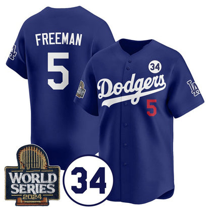 Los Angeles Dodgers #5 Freddie Freeman Royal MIKSHPS 2024 World Series With No. 34 Patch Cool Base Stitched Jersey