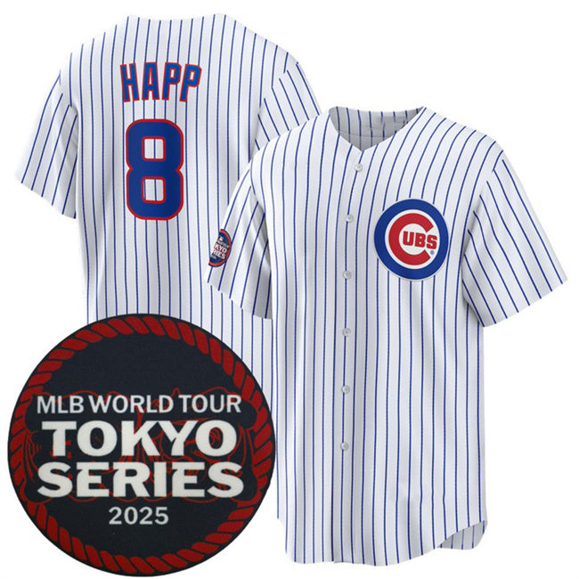 Chicago Cubs #8 Ian Happ White MIKSHPS 2025 World Tour Tokyo Series Home Stitched Jersey