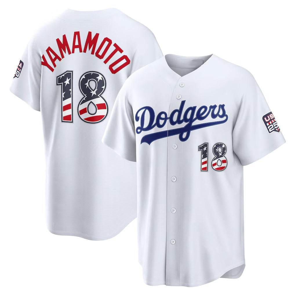 Los Angeles Dodgers #18 Yoshinobu Yamamoto White MIKSHPS USA 250 Fourth of July Home Stadium Jersey