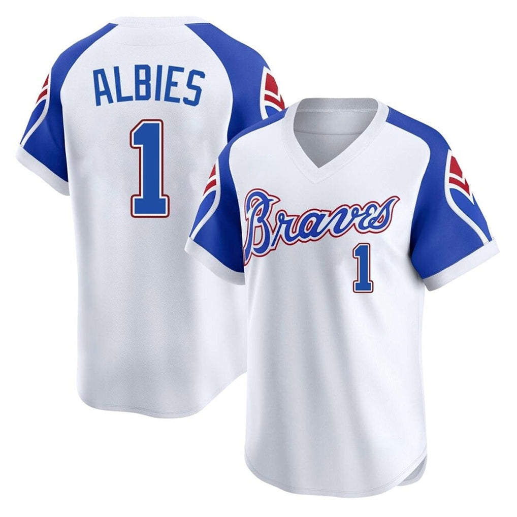 Atlanta Braves #1 Ozzie Albies Player White MIKSHPS Throwback Cooperstown Collection T-shirt Game Stitched Jerseys