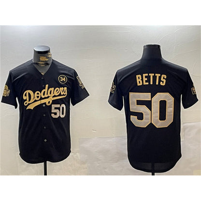 Los Angeles Dodgers #50 Mookie Betts Black Gold MIKSHPS 2024 World Series With No. 34 Patch Limited Stitched Jersey