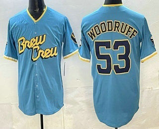 Milwaukee Brewers #53 Brandon Woodruff Powder Blue MIKSHPS 2022 City Connect Cool Base Jerse