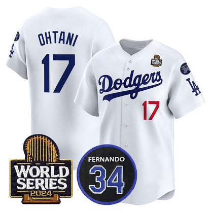 Los Angeles Dodgers #17 Shohei Ohtani White MIKSHPS 2024 World Series With Fernando Memorial Patch Limited Stitched Jersey 2