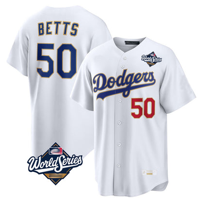 Los Angeles Dodgers #50 Mookie Betts Player Gold White MIKSHPS World Series Collection Limited Home Stitched Jerseys