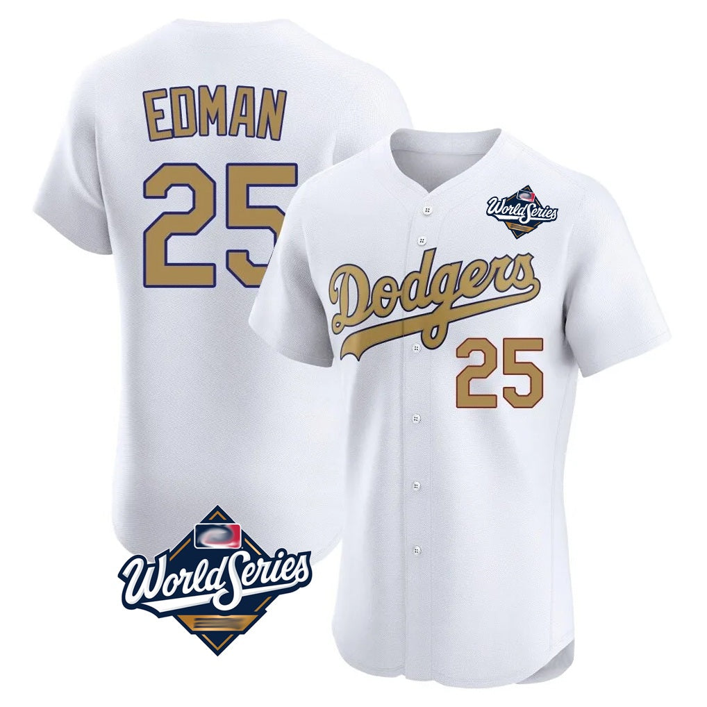 Los Angeles Dodgers #25 Tommy Edman Player White Gold MIKSHPS World Series Limited Elite Home Stitched Jerseys