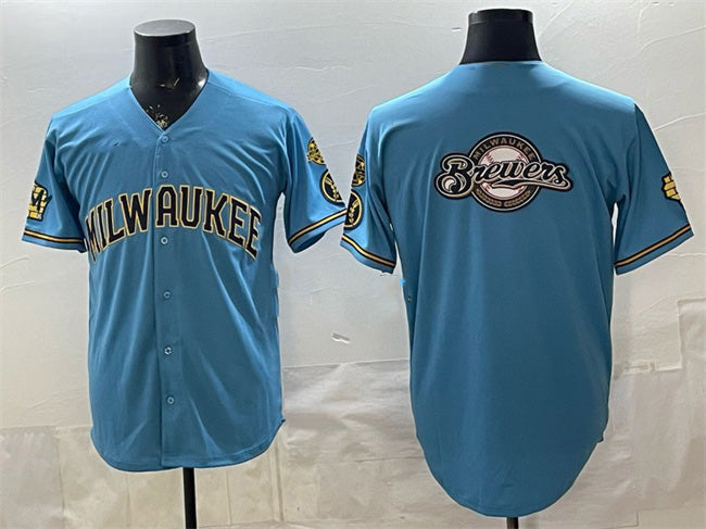Milwaukee Brewers Team Big Logo Blue MIKSHPS With Home & Bob Uecker Patch Stitched Jersey