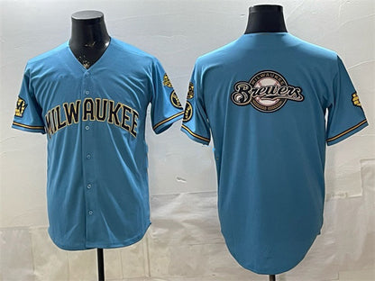 Milwaukee Brewers Team Big Logo Blue MIKSHPS With Home & Bob Uecker Patch Stitched Jersey