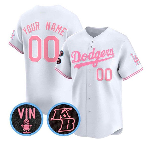 Custom Los Angeles Dodgers Active Player White Pink MIKSHPS With Vin & Kobe Patch Limited Stitched Jersey
