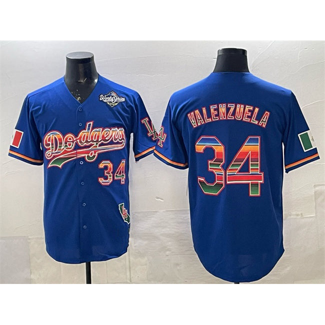 Los Angeles Dodgers #34 Fernando Valenzuela Royal MIKSHPS Mexico California Patch 2025 World Series Patch Stitched Jersey