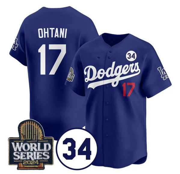 Los Angeles Dodgers #17 Shohei Ohtani Royal MIKSHPS 2024 World Series With No. 34 Patch Cool Base Stitched Jersey