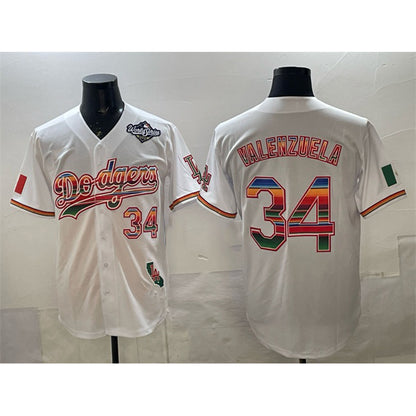 Los Angeles Dodgers #34 Fernando Valenzuela White MIKSHPS Mexico California Patch 2025 World Series Patch Stitched Jersey