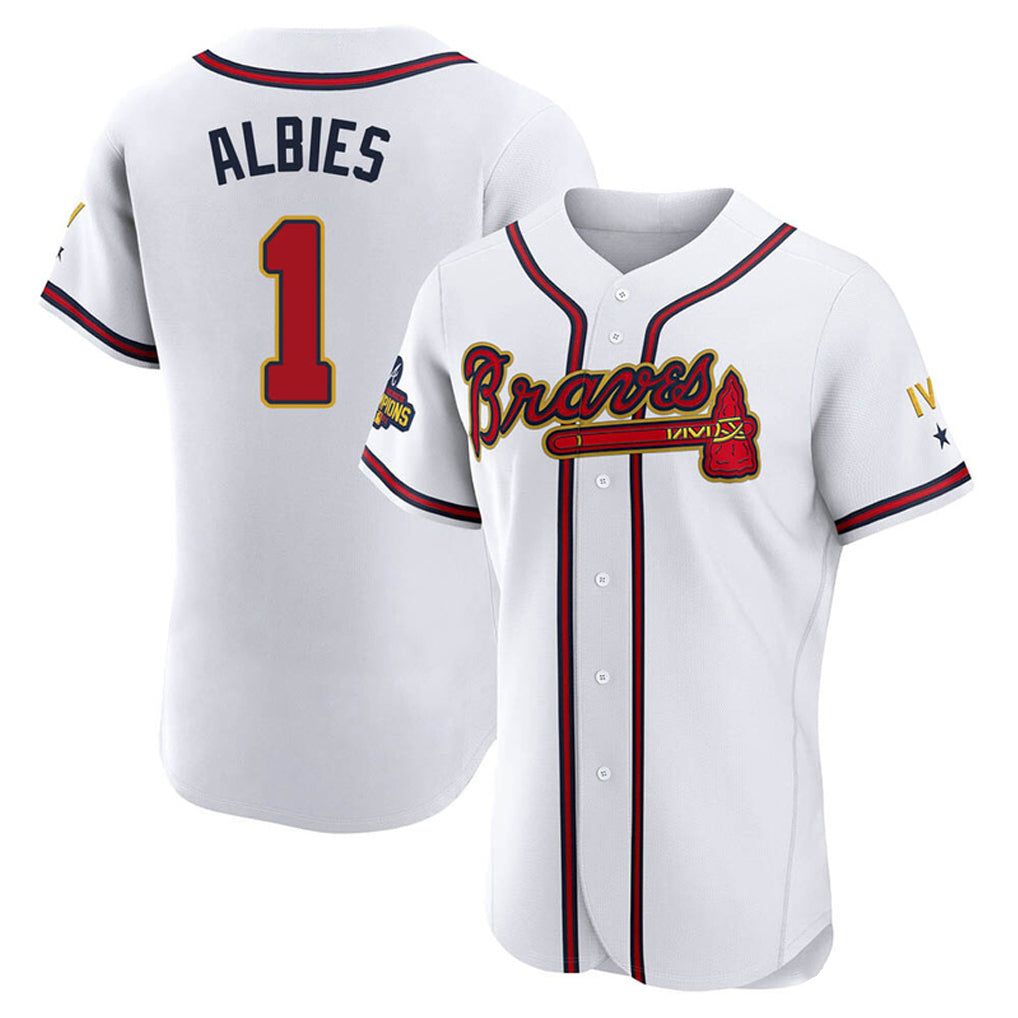 Atlanta Braves #1 Ozzie Albies Player White Gold MIKSHPS Limited Elite Home Game Stitched Jerseys