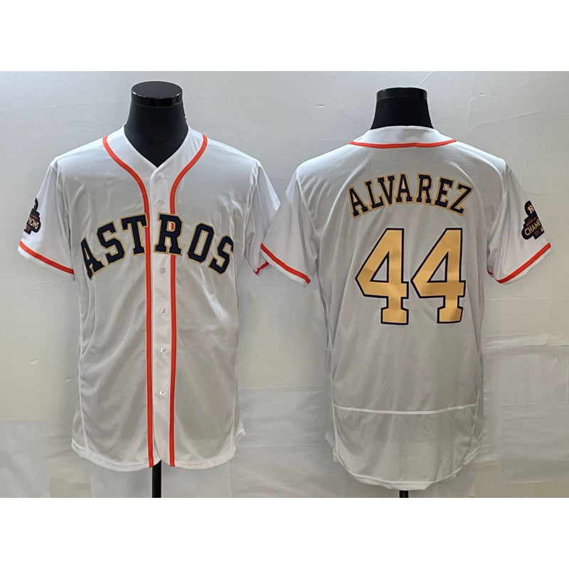 Houston Astros #44 Yordan Alvarez 2023 White Gold MIKSHPS World Serise Champions Patch Flex Base Stitched Jersey