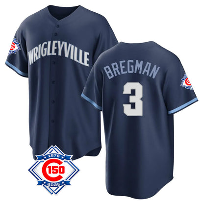 Chicago Cubs #3 Alex Bregman Player Navy MIKSHPS 150th Anniversary City Connect Home Game Stitched Jerseys