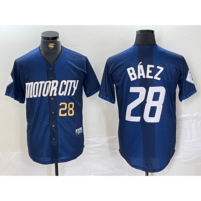 Detroit Tigers #28 Javier Baez Number 2024 Navy MIKSHPS City Connect Cool Base Limited Stitched Jersey 2