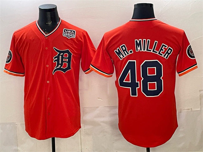 Detroit Tigers #48 Mr. Miller Orange MIKSHPS 2026 Alternate USA 250' Patch Vapor Premier Limited Stitched Jersey