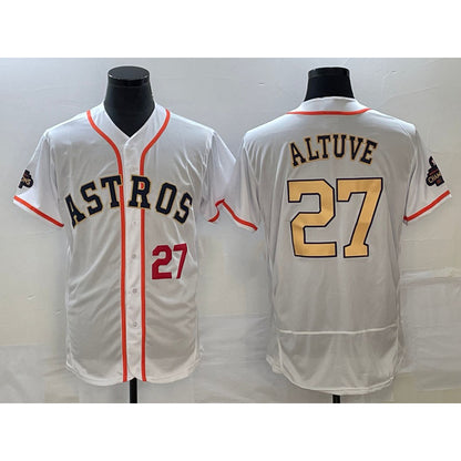 Houston Astros #27 Jose Altuve Number 2023 White MIKSHPS Gold World Serise Champions Patch Flex Base Stitched Jersey