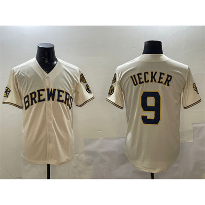 Milwaukee Brewers #9 Bob Uecker Cream MIKSHPS With Home Patch Stitched Jersey