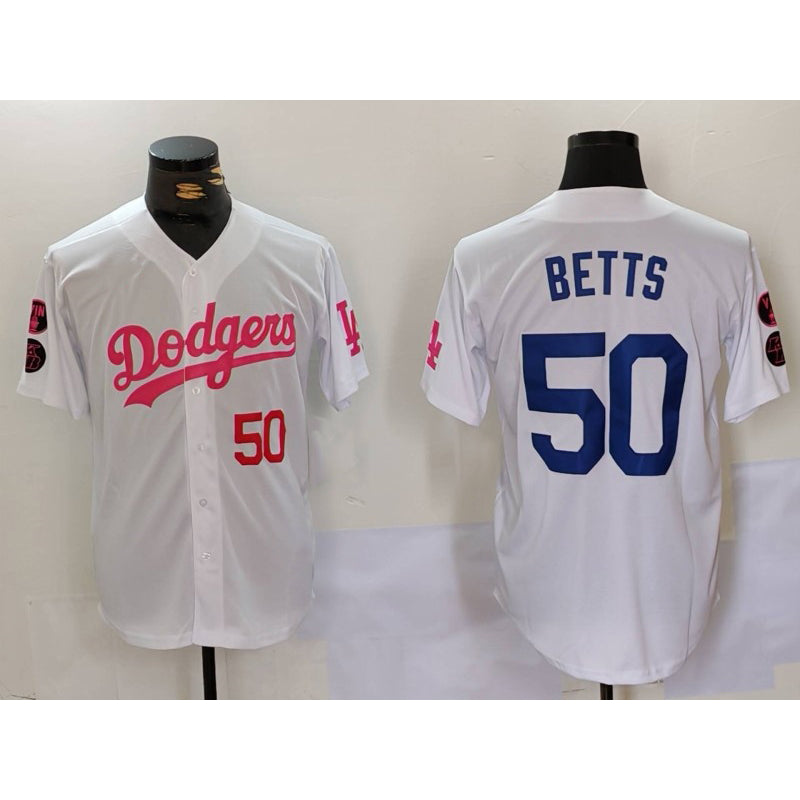 Los Angeles Dodgers #50 Mookie Betts White Pink MIKSHPS Vin & Kobe Patch Stitched Jersey 2