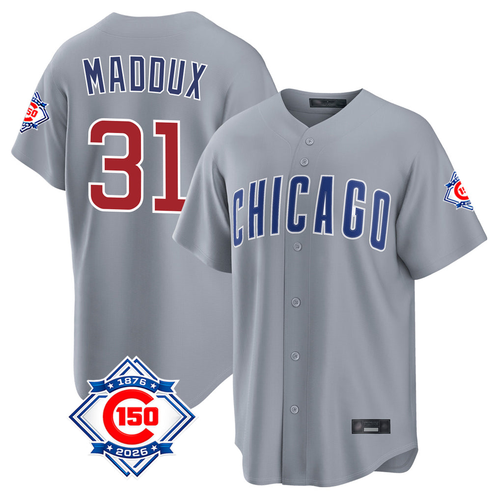 Chicago Cubs #31 Greg Maddux Player Gray MIKSHPS 150th Anniversary Home Game Stitched Jerseys