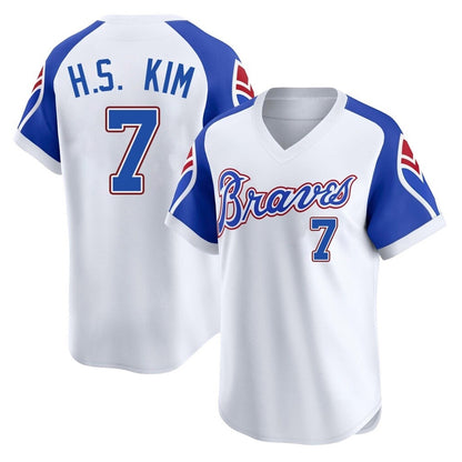 Atlanta Braves #7 Ha-Seong Kim Player White MIKSHPS Throwback Cooperstown Collection T-shirt Game Stitched Jerseys