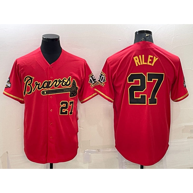 Atlanta Braves #27 Austin Riley Red Gold MIKSHPS World Series Champions Program Cool Base Stitched Jersey