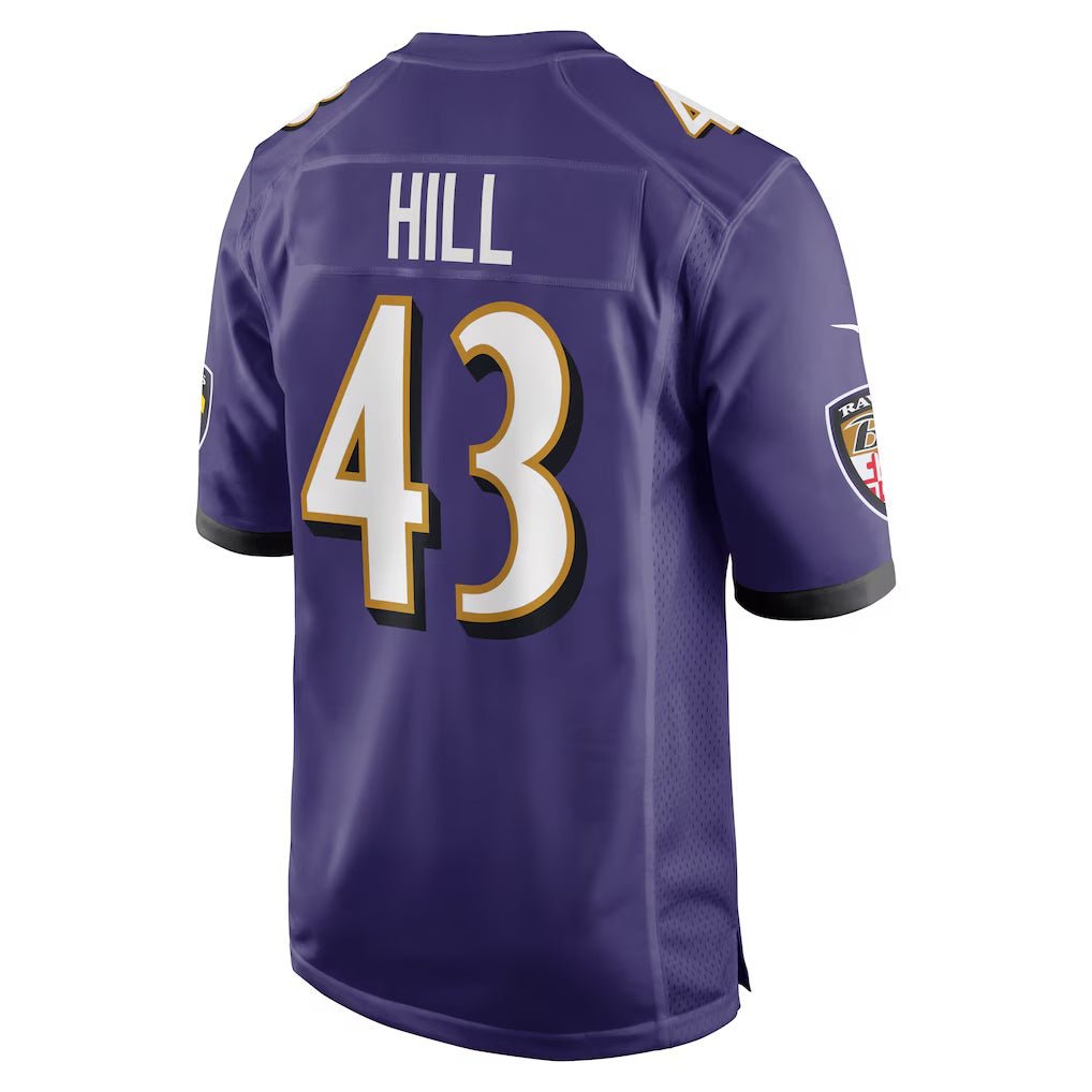 B.Ravens #43 Justice Hill Purple MIKSHPS Game Jersey