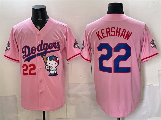 Los Angeles Dodgers #22 Clayton Kershaw Pink MIKSHPS Hello Kitty Night 2025 World Series Champions Patch Stitched Jersey