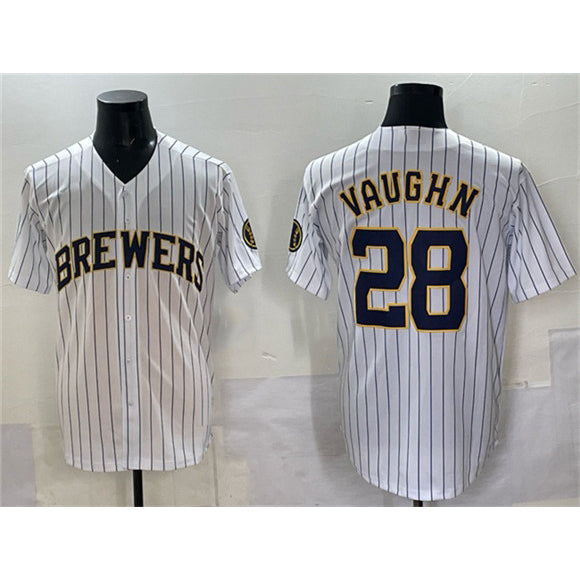 Milwaukee Brewers #28 Andrew Vaughn White MIKSHPS Pinstripe 2025 With Patch Stitched Jersey