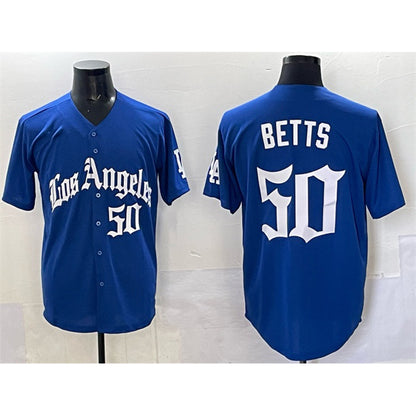 Los Angeles Dodgers #50 Mookie Betts Blue MIKSHPS 2025 LA Gothic Style With Fernando Patch Vapor Premier Limited Stitched Jersey