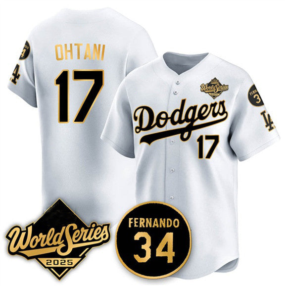 Los Angeles Dodgers #17 Shohei Ohtani White Gold MIKSHPS 2025 World Series With No.34 Patch Limited Stitched Jersey
