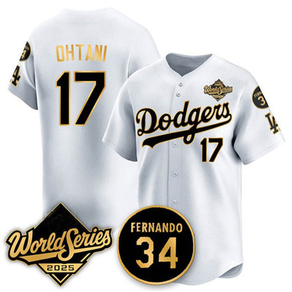 Los Angeles Dodgers #17 Shohei Ohtani White Gold MIKSHPS 2025 World Series With No.34 Patch Limited Stitched Jersey