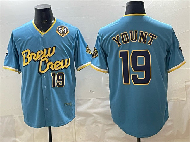 Milwaukee Brewers #19 Robin Yount Powder Blue MIKSHPS City Connect With Home & Bob Uecker Patch Limited Stitched Jersey