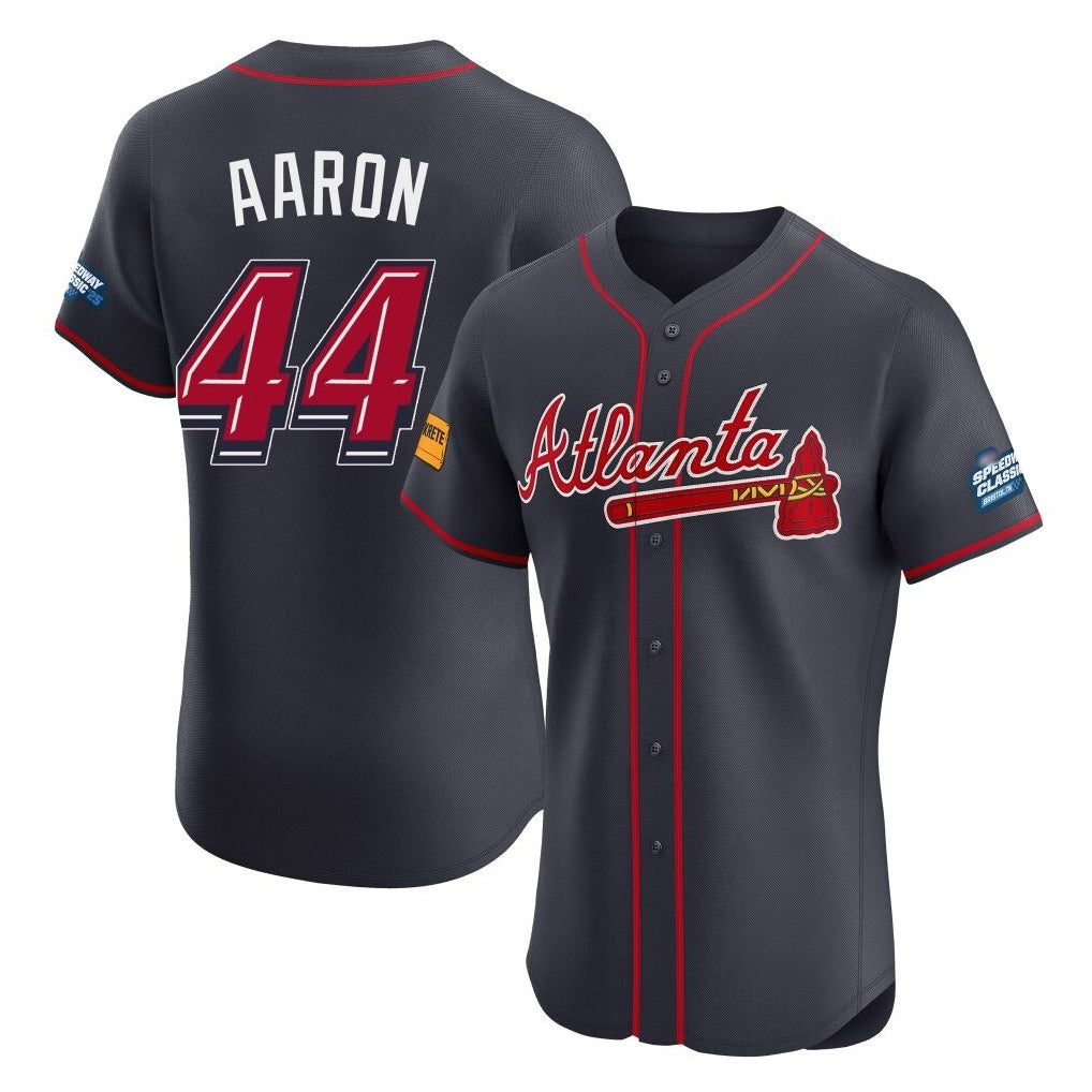 Atlanta Braves #44 Hank Aaron Player Navy MIKSHPS 2025 Speedway Classic Limited Elite Home Game Stitched Jerseys