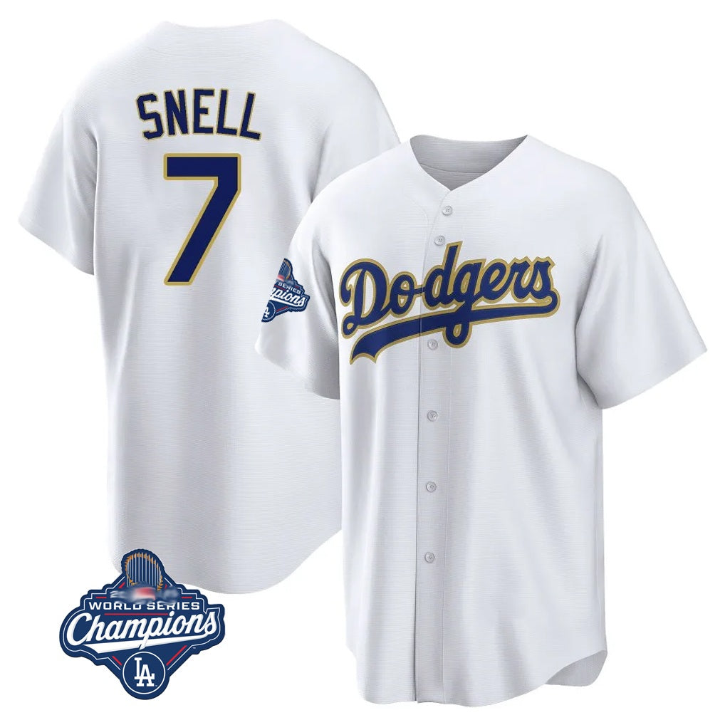 Los Angeles Dodgers #7 Blake Snell Player Gold White MIKSHPS World Series Meet Home Game Stitched Jerseys
