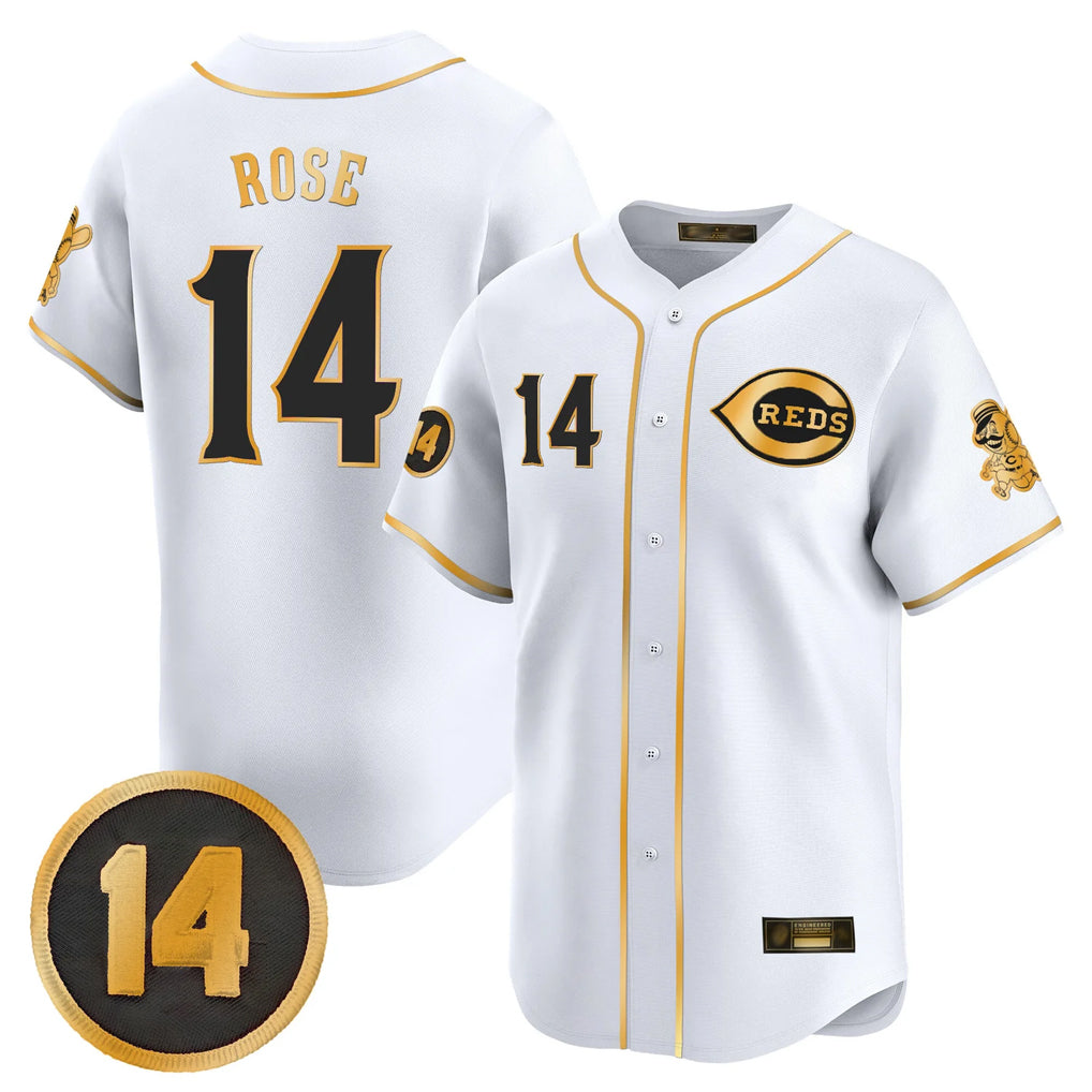 Cincinnati Reds #14 Pete Rose Player White-Gold MIKSHPS Vapor Premier Limited Home Stitched Jerseys