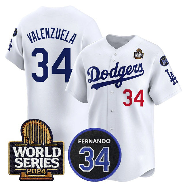 Los Angeles Dodgers #34 Toro Valenzuela White MIKSHPS 2024 World Series With Fernando Memorial Patch Limited Stitched Jersey