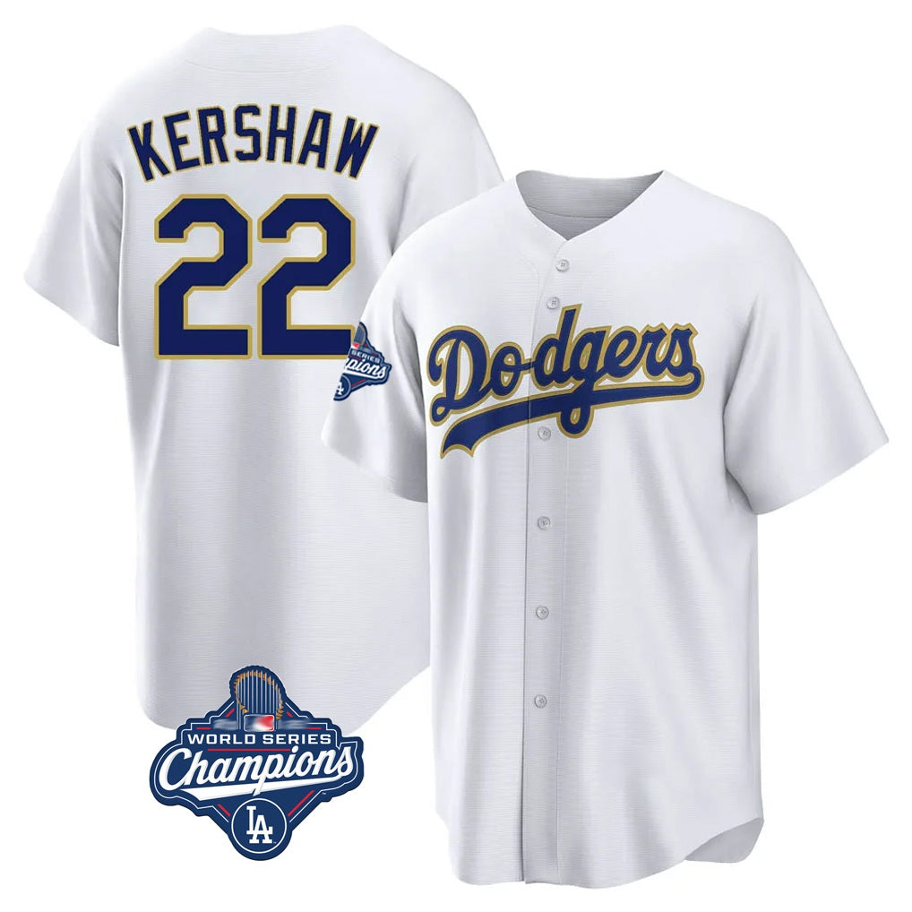 Los Angeles Dodgers #22 Clayton Kershaw Player Gold White MIKSHPS World Series Meet 2026 Collection Stadium Game Stitched Jerseys