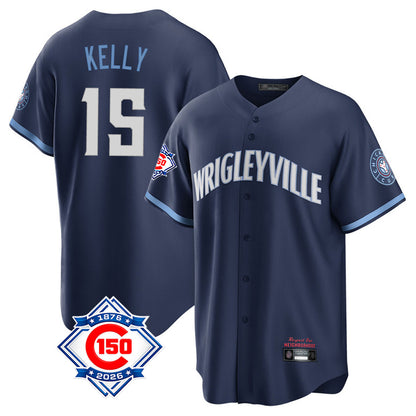 Chicago Cubs #15 Carson Kelly Player Navy MIKSHPS 150th Anniversary City Connect Home Game Stitched Jerseys