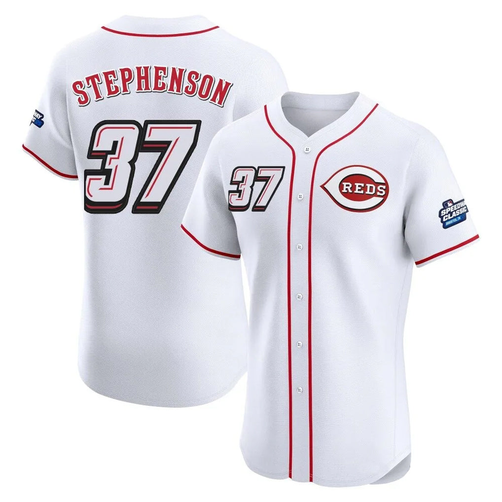 Cincinnati Reds #37 Tyler Stephenson Player White MIKSHPS Speedway Classic Limited Elite Home Stitched Jerseys