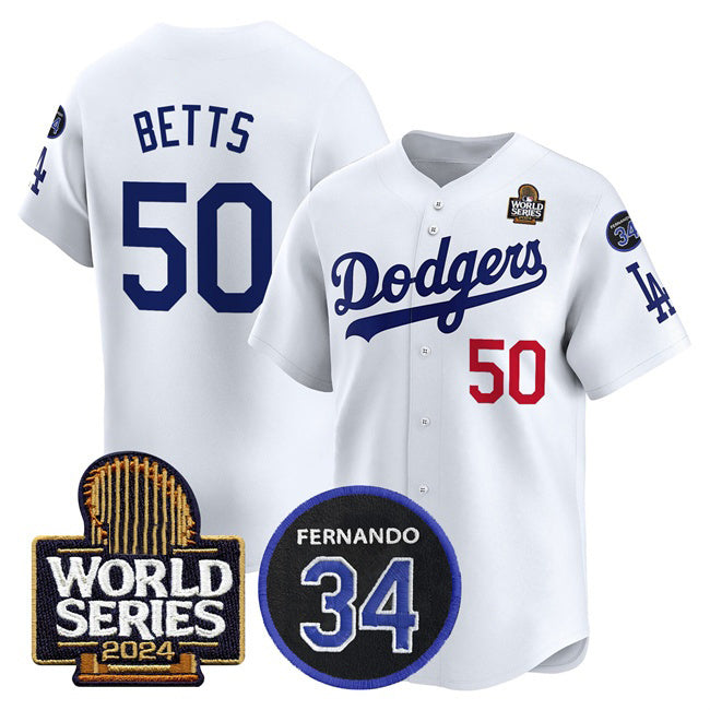 Los Angeles Dodgers #50 Mookie Betts White MIKSHPS 2024 World Series With Fernando Memorial Patch Limited Stitched Jersey