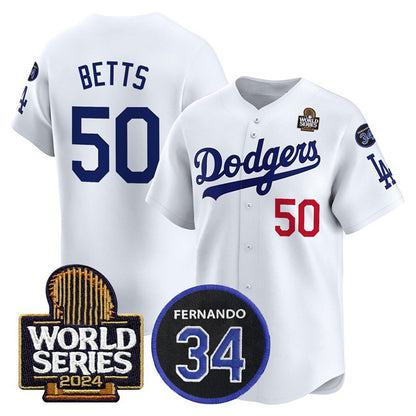 Los Angeles Dodgers #50 Mookie Betts White MIKSHPS 2024 World Series With Fernando Memorial Patch Limited Stitched Jersey