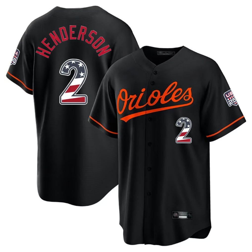 Baltimore Orioles #2 Gunnar Henderson Player Black MIKSHPS USA 250 Fourth of July Home Game Stitched Jerseys