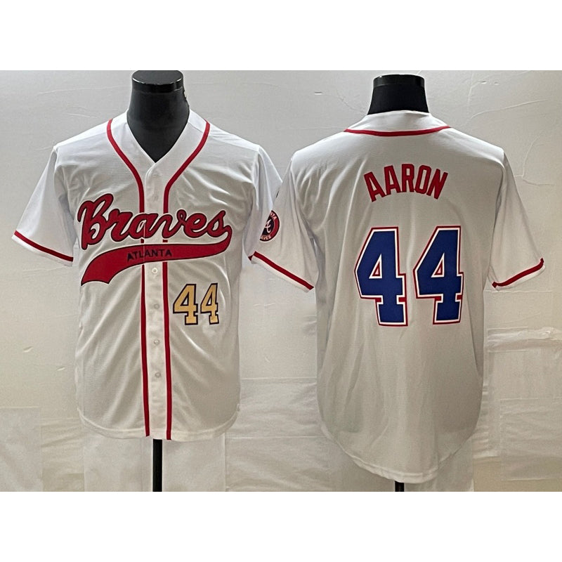 Atlanta Braves #44 Hank Aaron Number White MIKSHPS Cool Base With Patch Stitched Jersey